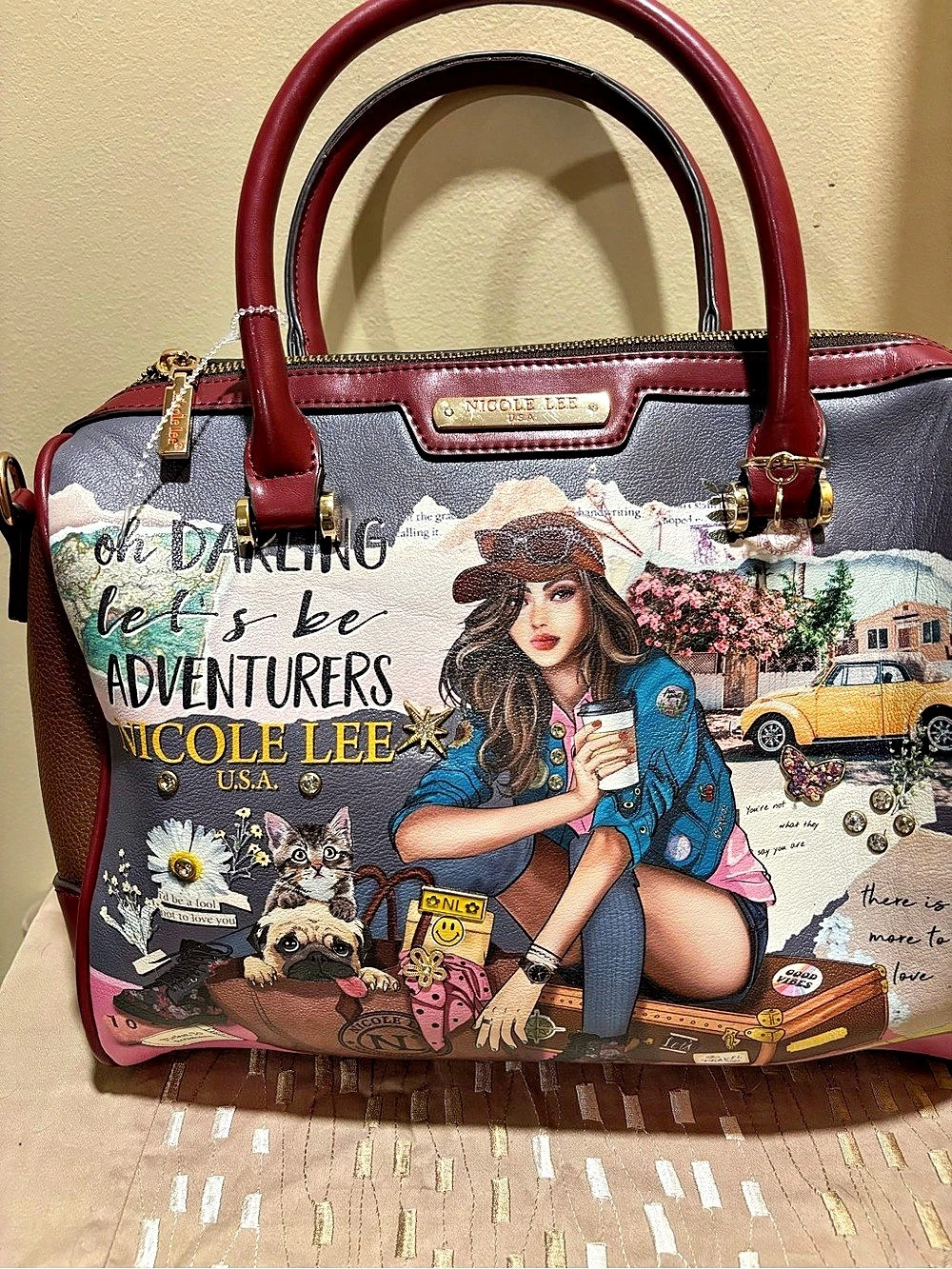 Nicole Lee Oh Darling Let's Be Adventurers Boston Bag Satchel Burgundy & Gray